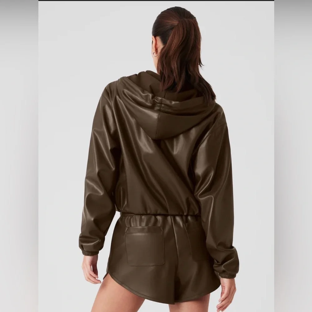 ALO Yoga Olive Green Faux-Leather Hooded Utility Jacket